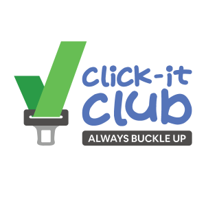 Click-It Club logo featuring a seatbelt buckle with green checkmark and "ALWAYS BUCKLE UP" text.