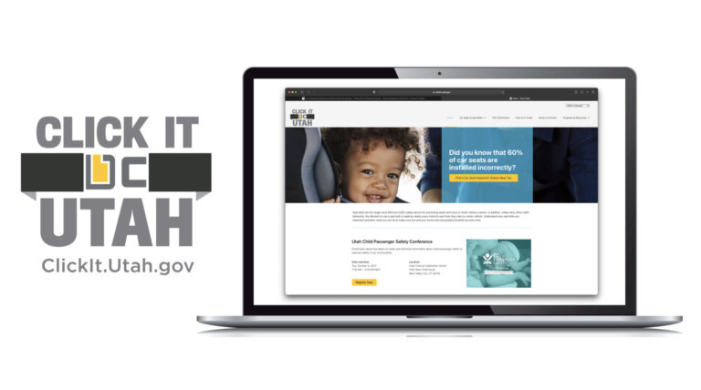 Utah Child Passenger Safety Conference webpage featuring banner text "Did you know that 60% of car seats are installed incorrectly?" and a "Register Now" button.