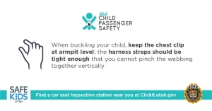 When buckling your child, keep the chest clip at armpit level; the harness straps should be tight enough that you cannot pinch the webbing together vertically