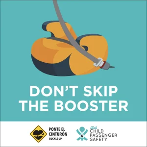 Booster seat illustration with "DON'T SKIP THE BOOSTER" text