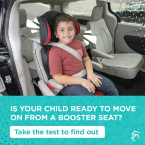 Child in booster seat with text asking if ready to move on from booster seat