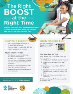 Child booster seat safety guidelines detailing readiness criteria and seat belt fit test instructions.
