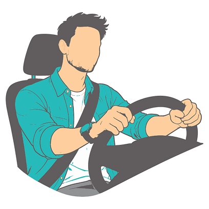 Man with seatbelt driving a car, hands on steering wheel