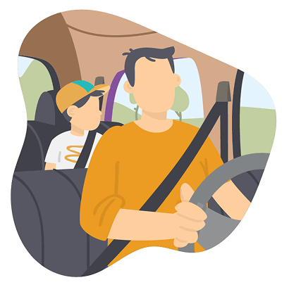 Adult driver with seatbelt and child passenger in back seat of a car